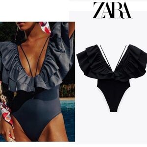 Zara black ruffle frill shoulder deep V one piece swimsuit bathing suit S NWOT